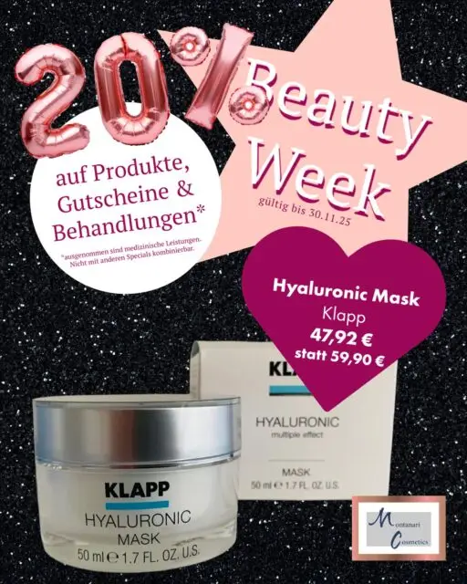 ✨Montanari Cosmetics Beauty Week ✨ Einfach strahlend – mit der KLAPP Hyaluronic Mask Drinnen trocken und warm durch Heizungsluft, draußen kalt und nass – der Winter verlangt unserer Haut einiges ab. Mit der KLAPP Hyaluronic Mask schenken Sie Ihrer Haut intensive Feuchtigkeit und einen glatteren, frischen und strahlenden Teint. Sie enthält eine 4-fach aktive Hyaluronsäure sowie exklusive Öle, die dafür sorgen, dass Feuchtigkeit tief in die Haut einzieht und die Haut zugleich gestrafft wird. ✔️ Für alle Hauttypen geeignet – besonders ideal bei trockener, feuchtigkeitsarmer oder fahler Haut. ✔️ Falten & erste Linien können geglättet wirken, die Haut wirkt sichtbar vitalisiert und erholt.   ℹ️Anwendung: 1–2× pro Woche großzügig auf Gesicht, Hals und Dekolleté auftragen, 20 Minuten einwirken lassen und anschließend mit einem feuchten Tuch abnehmen. 👉 Perfekt für alle, die ihrer Haut bewusst Feuchtigkeit schenken und einen frischen, jugendlichen Glow erzielen wollen.   Noch bis 30.11.2025 gibt es 20% auf alle Kosmetikprodukte unseres Sortiments, Behandlungen und Gutscheine!   #beautyweek #hydra4face #hautgesundheit #healthyskin #welovebeauty #beauty #skinbeauty #aestheticexpert #plasticsurgery #aesthetischechirurgie #faltenbehandlung #Haut #antiaging #kosmetik #kosmetikbehandlung #falten #skinglow #gettheglow #glowingskin #aestheticdoctors #aesthetics #loveyourself #selflove #antiaging #bochum #ruhrpott