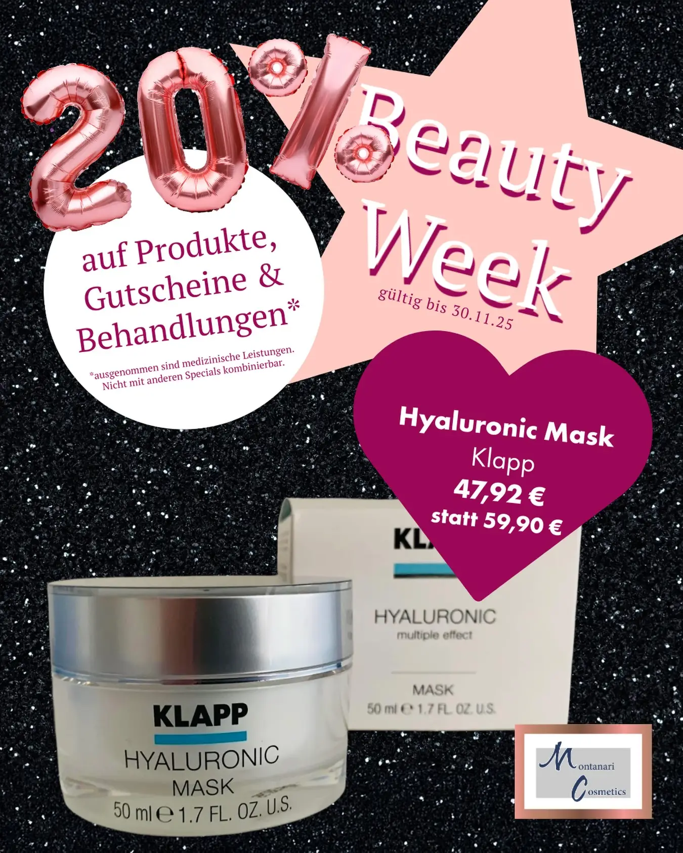 ✨Montanari Cosmetics Beauty Week ✨ Einfach strahlend – mit der KLAPP Hyaluronic Mask Drinnen trocken und warm durch Heizungsluft, draußen kalt und nass – der Winter verlangt unserer Haut einiges ab. Mit der KLAPP Hyaluronic Mask schenken Sie Ihrer Haut intensive Feuchtigkeit und einen glatteren, frischen und strahlenden Teint. Sie enthält eine 4-fach aktive Hyaluronsäure sowie exklusive Öle, die dafür sorgen, dass Feuchtigkeit tief in die Haut einzieht und die Haut zugleich gestrafft wird. ✔️ Für alle Hauttypen geeignet – besonders ideal bei trockener, feuchtigkeitsarmer oder fahler Haut. ✔️ Falten & erste Linien können geglättet wirken, die Haut wirkt sichtbar vitalisiert und erholt.   ℹ️Anwendung: 1–2× pro Woche großzügig auf Gesicht, Hals und Dekolleté auftragen, 20 Minuten einwirken lassen und anschließend mit einem feuchten Tuch abnehmen. 👉 Perfekt für alle, die ihrer Haut bewusst Feuchtigkeit schenken und einen frischen, jugendlichen Glow erzielen wollen.   Noch bis 30.11.2025 gibt es 20% auf alle Kosmetikprodukte unseres Sortiments, Behandlungen und Gutscheine!   #beautyweek #hydra4face #hautgesundheit #healthyskin #welovebeauty #beauty #skinbeauty #aestheticexpert #plasticsurgery #aesthetischechirurgie #faltenbehandlung #Haut #antiaging #kosmetik #kosmetikbehandlung #falten #skinglow #gettheglow #glowingskin #aestheticdoctors #aesthetics #loveyourself #selflove #antiaging #bochum #ruhrpott