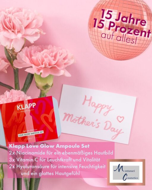Sonntag ist Muttertag und anlässlich unseres Jubiläums haben wir ein ganz besonderes Special für Sie: 15 % auf alle Gutscheine, Behandlungen und Produkte – für einen Moment, der mehr ist als nur Pflege. ✨ In diesem Rahmen möchten wir Ihnen auch ein Highlight vorstellen:  💞✨Das Love Glow Ampoule Set – Deluxe Edition von KLAPP Cosmetics 7 hochkonzentrierte Beauty-Booster in einer edlen Aluminiumbox – für strahlende, gepflegte Haut: • 2× Niacinamide – für ein ebenmäßiges Hautbild • 3× Vitamin C – für Leuchtkraft und Vitalität • 2× Hyaluronsäure – für intensive Feuchtigkeit und ein glattes Hautgefühl Ein kleines Ritual mit großer Wirkung – auch außerhalb des Specials jederzeit bei uns erhältlich. 🎁 UVP: 29,90 € 👉 Jetzt mit 15 % Jubiläumsrabatt sichern *Nur solange der Vorrat reicht #MontanariCosmetics #Muttertag #Selfcare #Hautpflege #GlowMoments