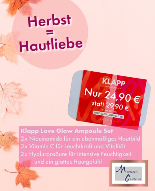 🍂 Herbst = Hautliebe! 💗

Draußen wird es kälter, drinnen läuft die Heizung – und unsere Haut muss sich auf neue Bedingungen einstellen.

Gerade beim Übergang vom Herbst zum Winter wird die Haut häufig trockener, empfindlicher und verliert an Ausstrahlung. Der Grund: Kalte Außenluft und trockene Heizungsluft können den Feuchtigkeitsverlust begünstigen und die natürliche Hautbarriere belasten.

✨ Jetzt braucht unsere Haut vor allem eines: die richtige Pflege!

Neben einer reichhaltigeren Pflege können gezielt eingesetzte Wirkstoffe helfen, die Haut in der kalten Jahreszeit zu unterstützen:

💗 Hyaluronsäure bindet Feuchtigkeit und lässt die Haut glatter und praller erscheinen.

💗 Niacinamid unterstützt die Hautbarriere, wirkt ausgleichend und kann das Hautbild verfeinern.

💗 Vitamin C schützt als Antioxidans vor freien Radikalen und unterstützt einen frischen, ebenmäßigen Teint.

🍁 Unser Herbst-Special für eure Haut:

Das KLAPP Love Glow Ampoule Set vereint alle drei Wirkstoffe in sieben Pflegeampullen – für eine Extraportion Hautliebe in der Übergangszeit.

💕 Jetzt für nur 24,90 € statt 29,90 €!

Erhältlich bei Montanari Cosmetics – solange der Vorrat reicht.

*Werbung wegen Markennennung*

#Herbstpflege #Hautliebe #Skincare #Hautbarriere #glow